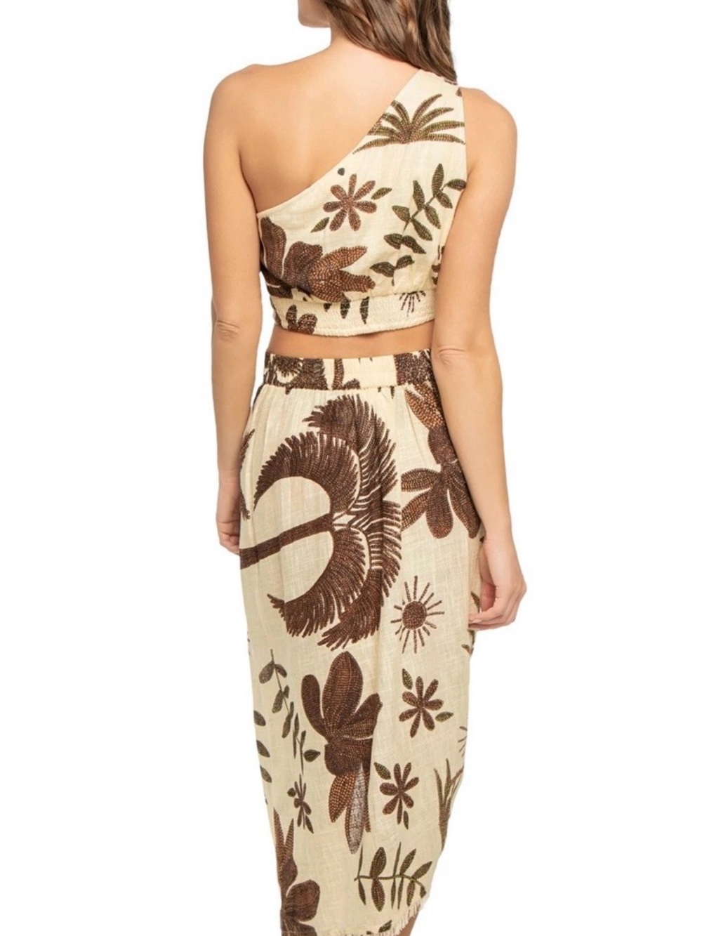 One-Shoulder Cream and Brown Tropical Skirt Set - Picture 2 of 10